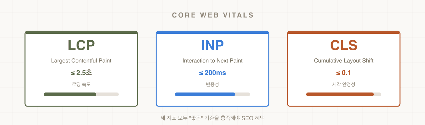 Core Web Vitals 3가지 지표 — LCP, INP, CLS 기준과 측정 영역